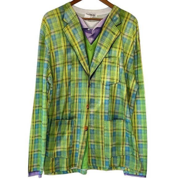 Faux Real T Shirt Graphic Chartreuse Plaid Sport Jacket Long Sleeve Men's XXL - Picture 1 of 7